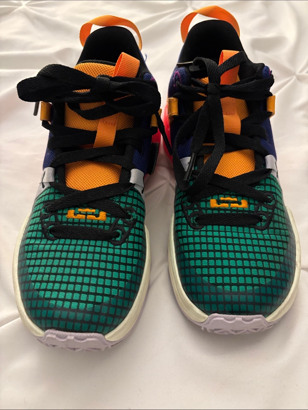 Kids LeBron Multicolor Grid-Pattern Sneakers in Green and Orange